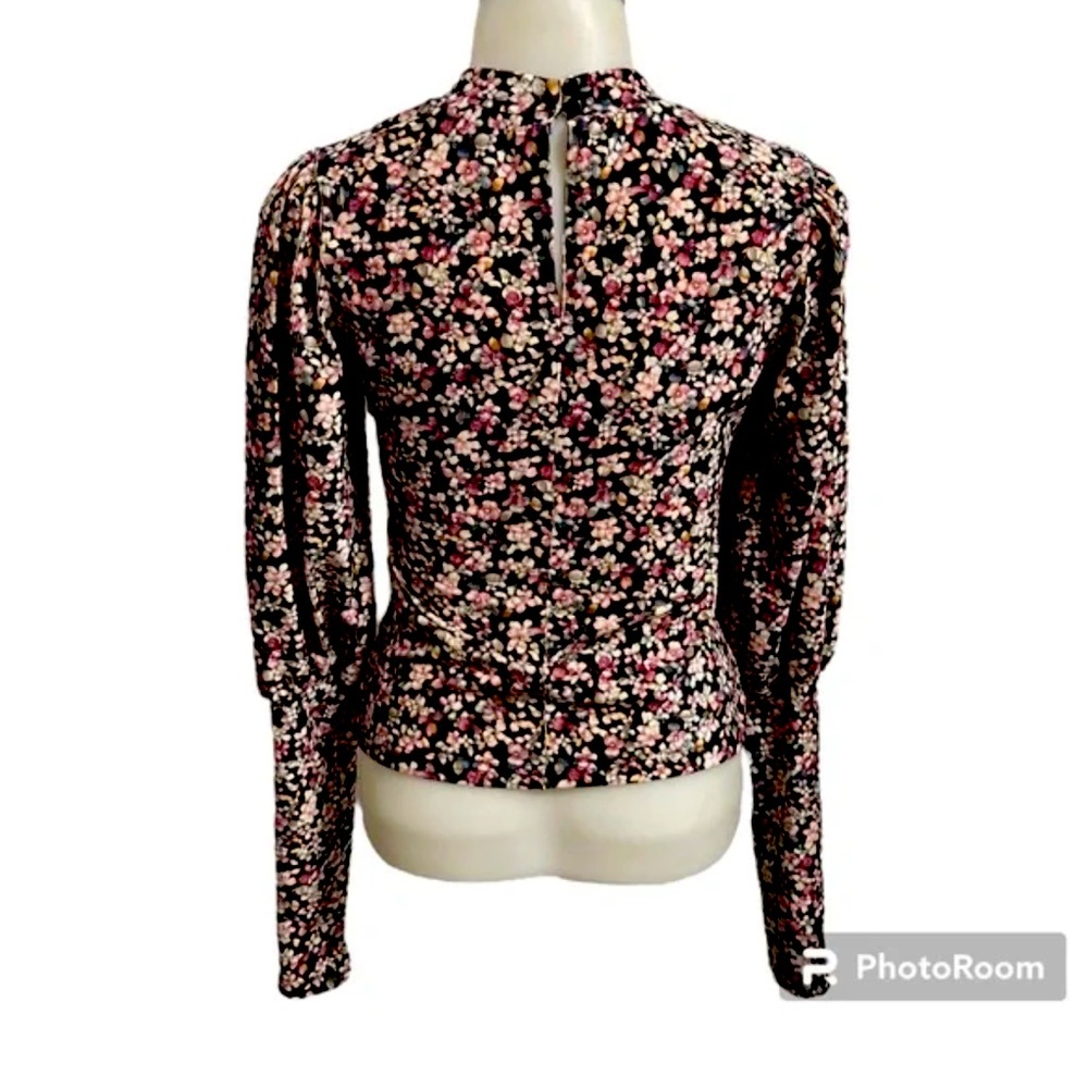 Code x Mode Ditsy Black Floral long sleeve puff shoulder top size Large.